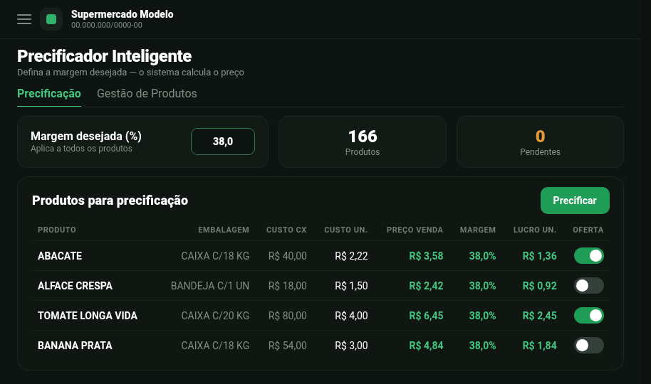Tela Precificador Inteligente com margem desejada, preço de venda e marcação de ofertas
