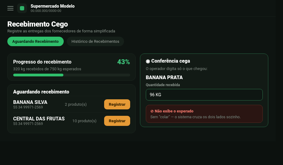 Tela Recebimento Cego com conferência às cegas e progresso de recebimento